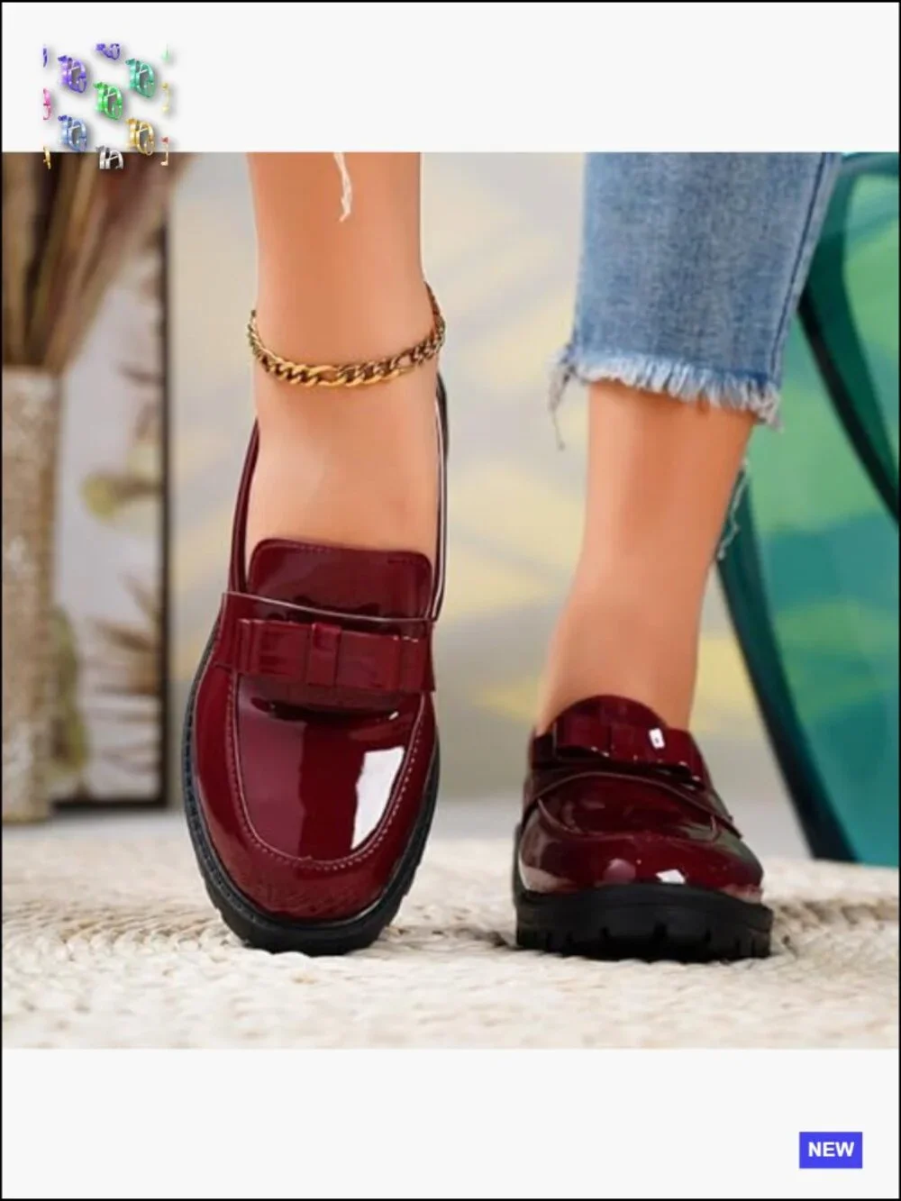 Patent Leather Chunky Heel Loafers Metal Buckle Lug Sole Platform Slip On Penny